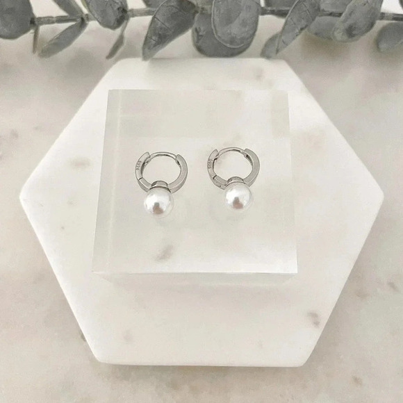 925 Sterling Silver Pearl Huggie Earrings Small Huggie Hoop Earrings - Picture 2 of 5